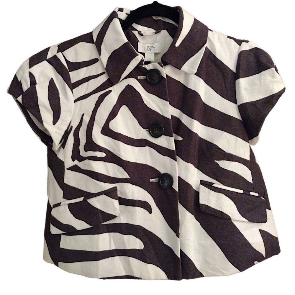 Ann Taylor LOFT Short Sleeve Zebra Print Jacket, Size XS, White/Chocolate Brown